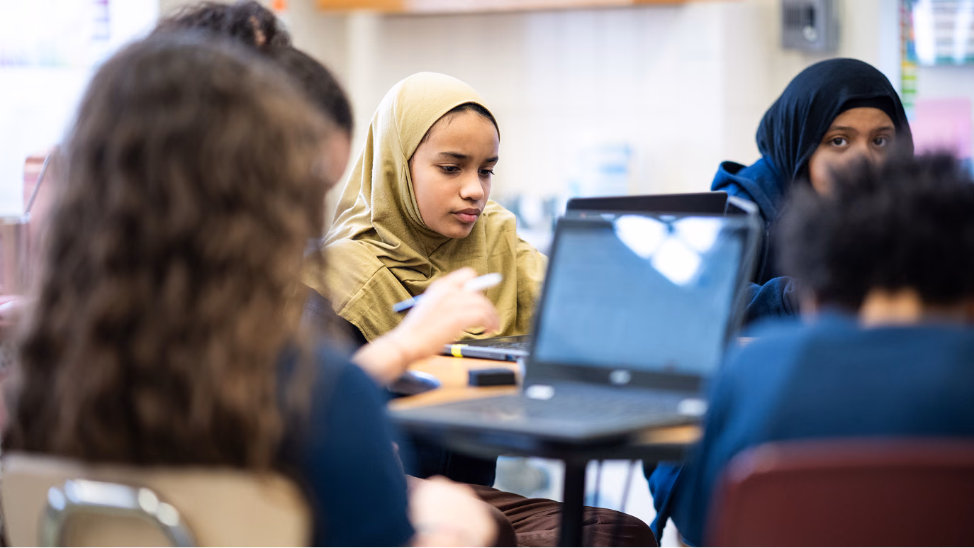 A student works on an assignment using the Kiddom app during a class at the PS 083 Donald Hertz School in The Bronx, New York.