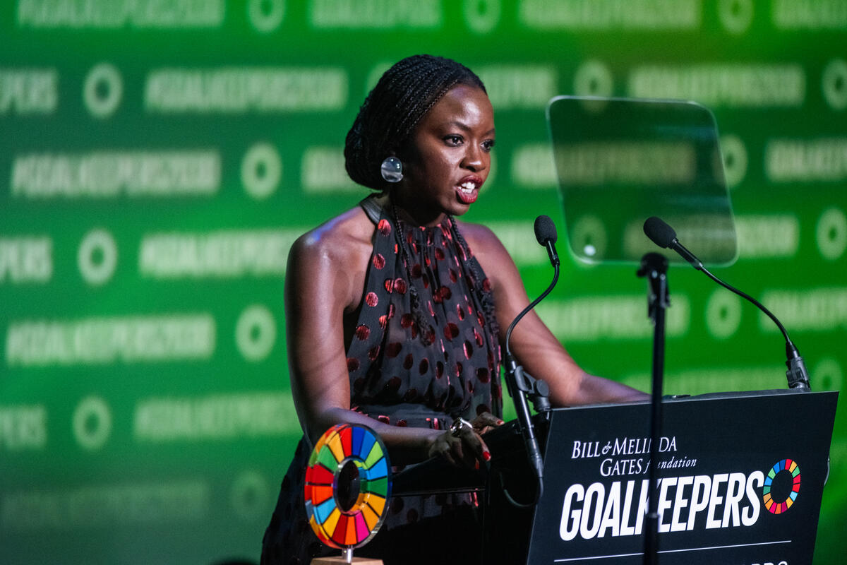 Danai Gurira speaks onstage during the Goalkeepers 2023 Global Goals Awards event. ©Gates Archive/Mike Lawrence
