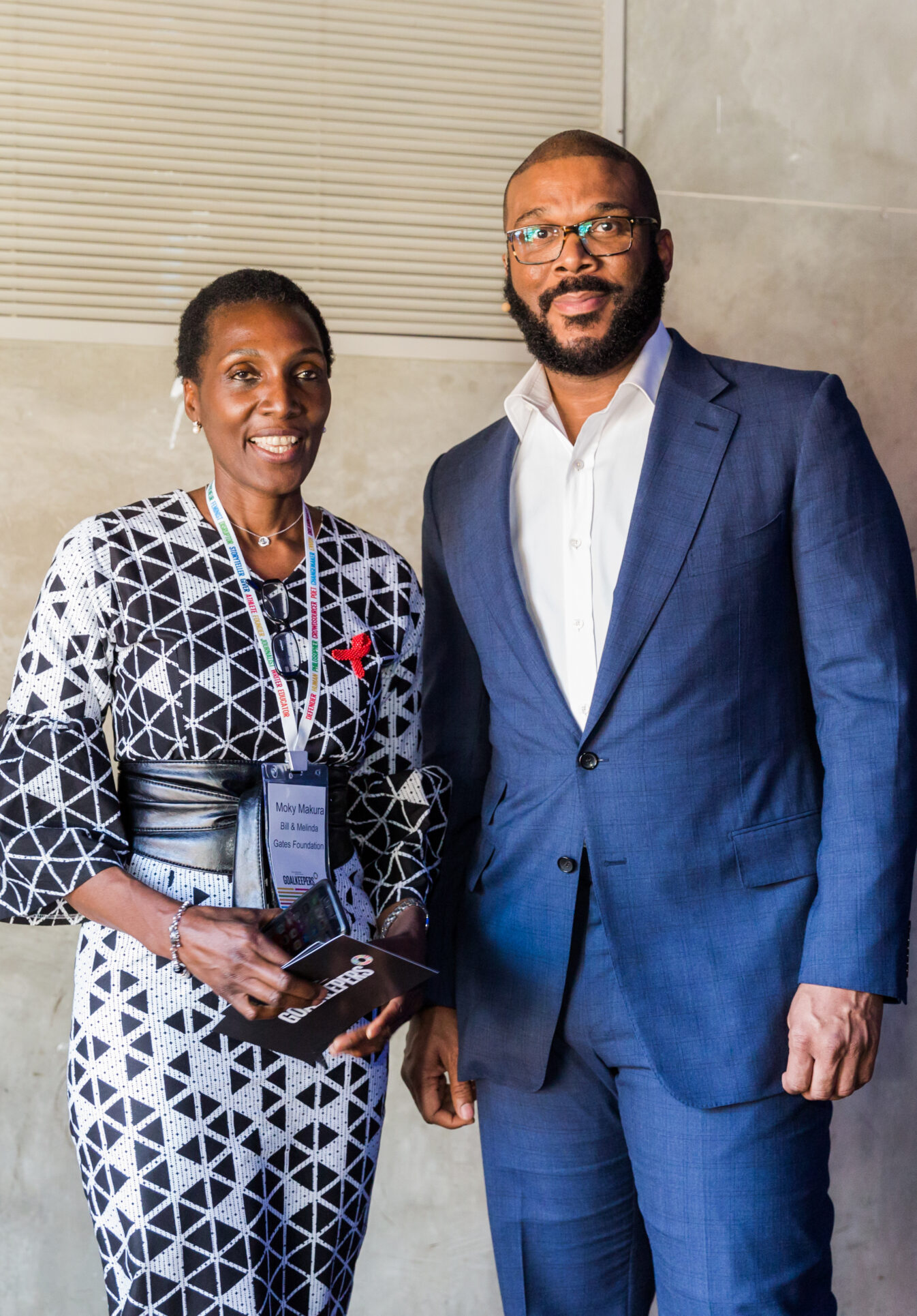Moky Makura and Tyler Perry attend the 2018 Goalkeepers event in Johannesburg, South Africa. ©Gates Archive/Ilan Godfrey