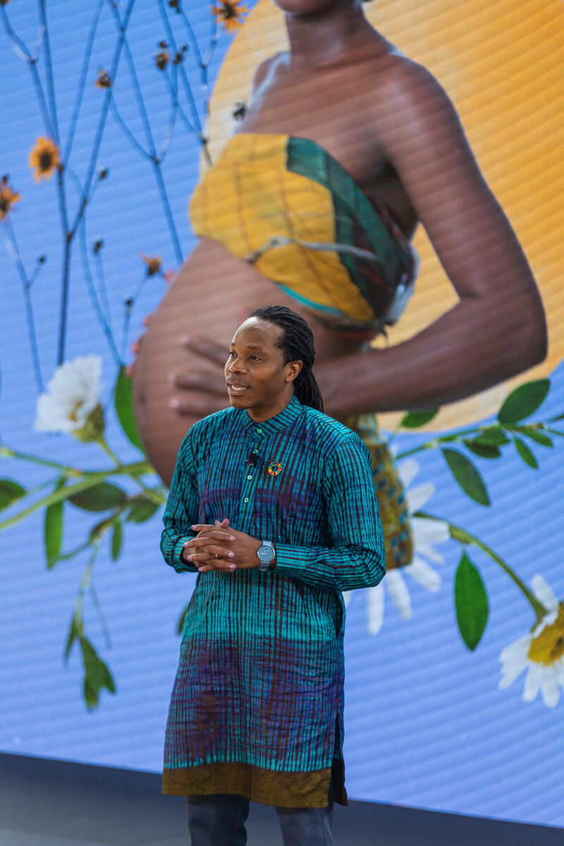 David Moinina speaks onstage during Goalkeepers 2023. ©Gates Archive/Kevin Hagen