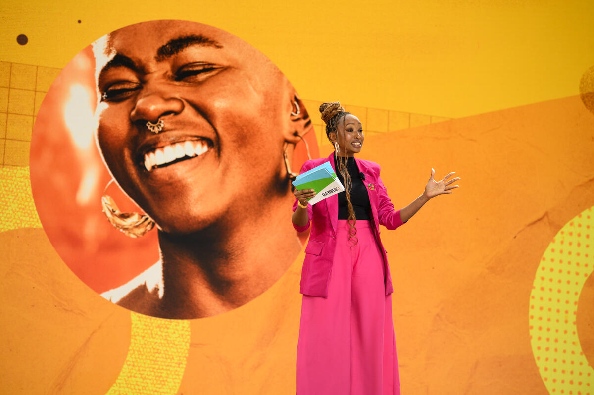 Janet Mbugua speaks onstage during Goalkeepers 2022. ©Gates Archive/Mike Lawrence