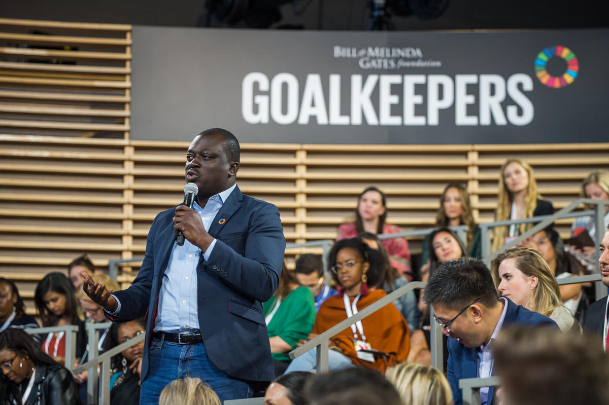 Olusien Ogibinde speaks at Goalkeepers 2019. ©Gates Archive/Mike Lawrence