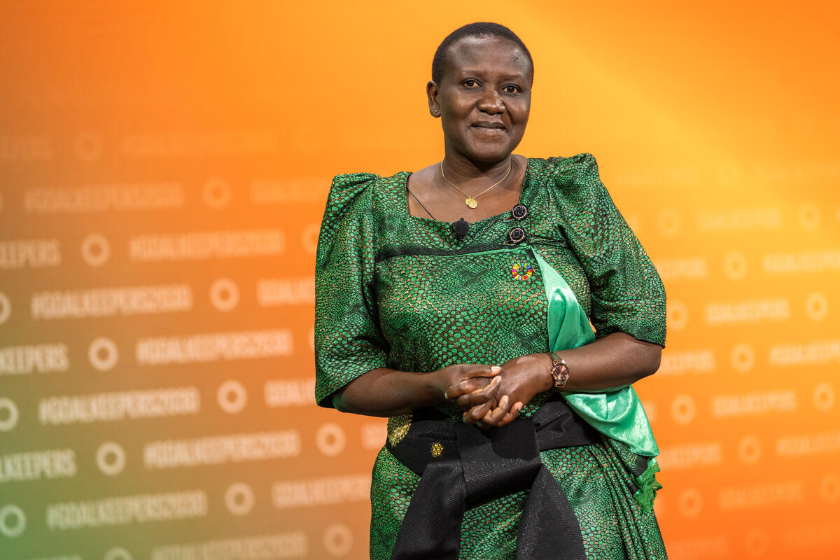 Eva Nangalo speaks onstage at Goalkeepers 2023. ©Gates Archive/Mike Lawrence