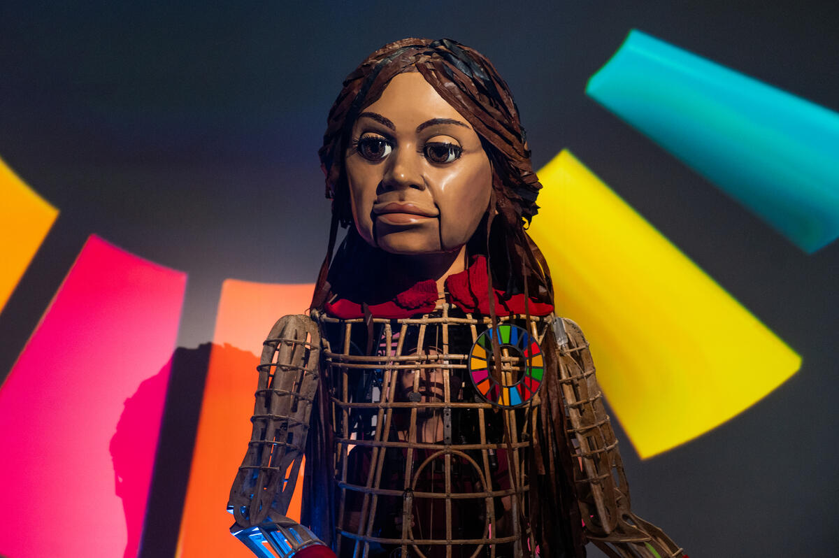 "Little Amal" by the Handspring Puppet Company performs on stage at Goalkeepers 2022. ©Gates Archive/Mike Lawrence