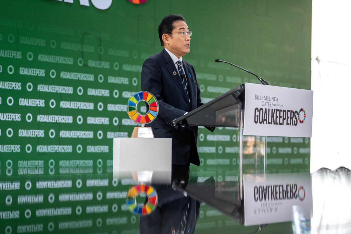 Fumio Kishida speaks during Goalkeepers 2023. ©Gates Archive/Mike Lawrence