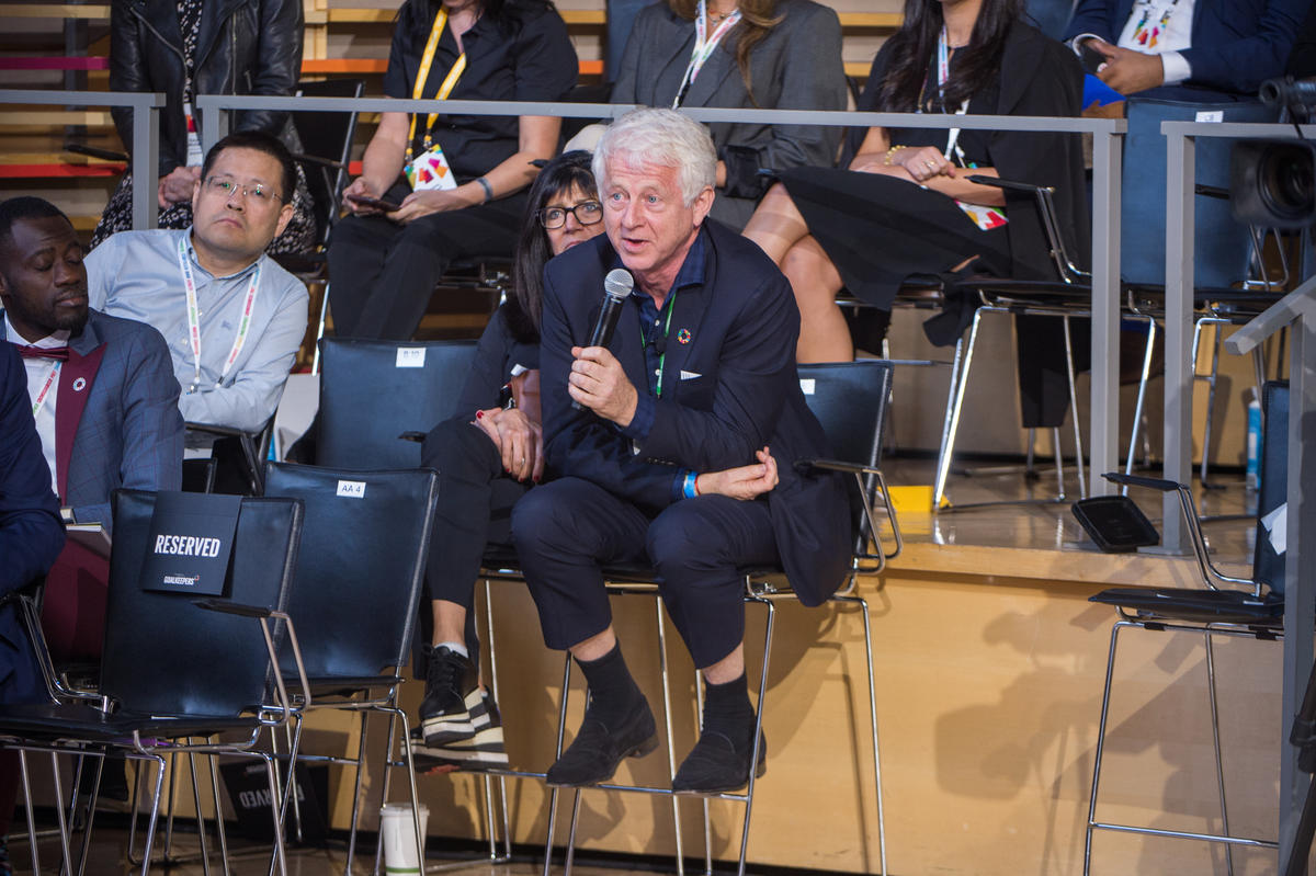 Richard Curtis speaks during Goalkeepers 2019. ©Gates Archive/Mike Lawrence