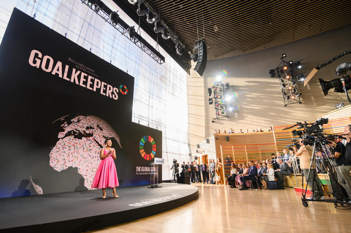 Tumelo Mothotoane speaks onstage at Goalkeepers 2019. ©Gates Archive/Mike Lawrence