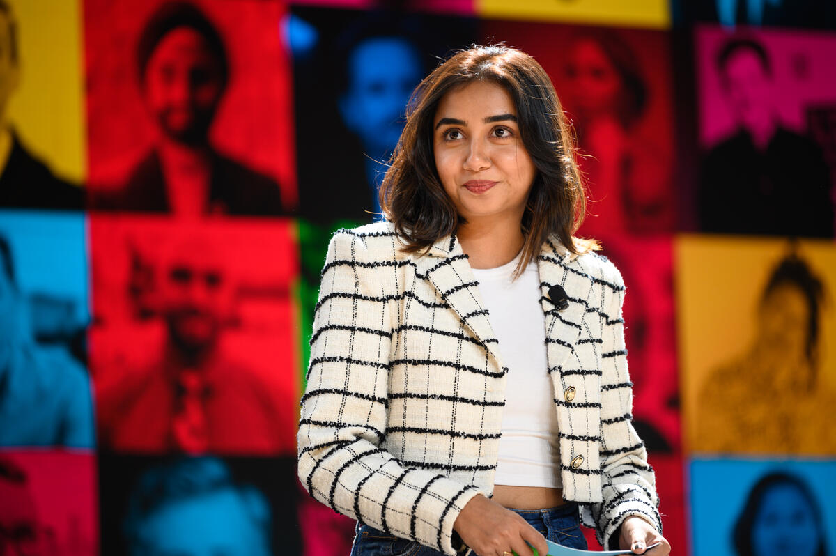 Prajakta Koli speaks onstage during Goalkeepers 2022. ©Gates Archive/Mike Lawrence