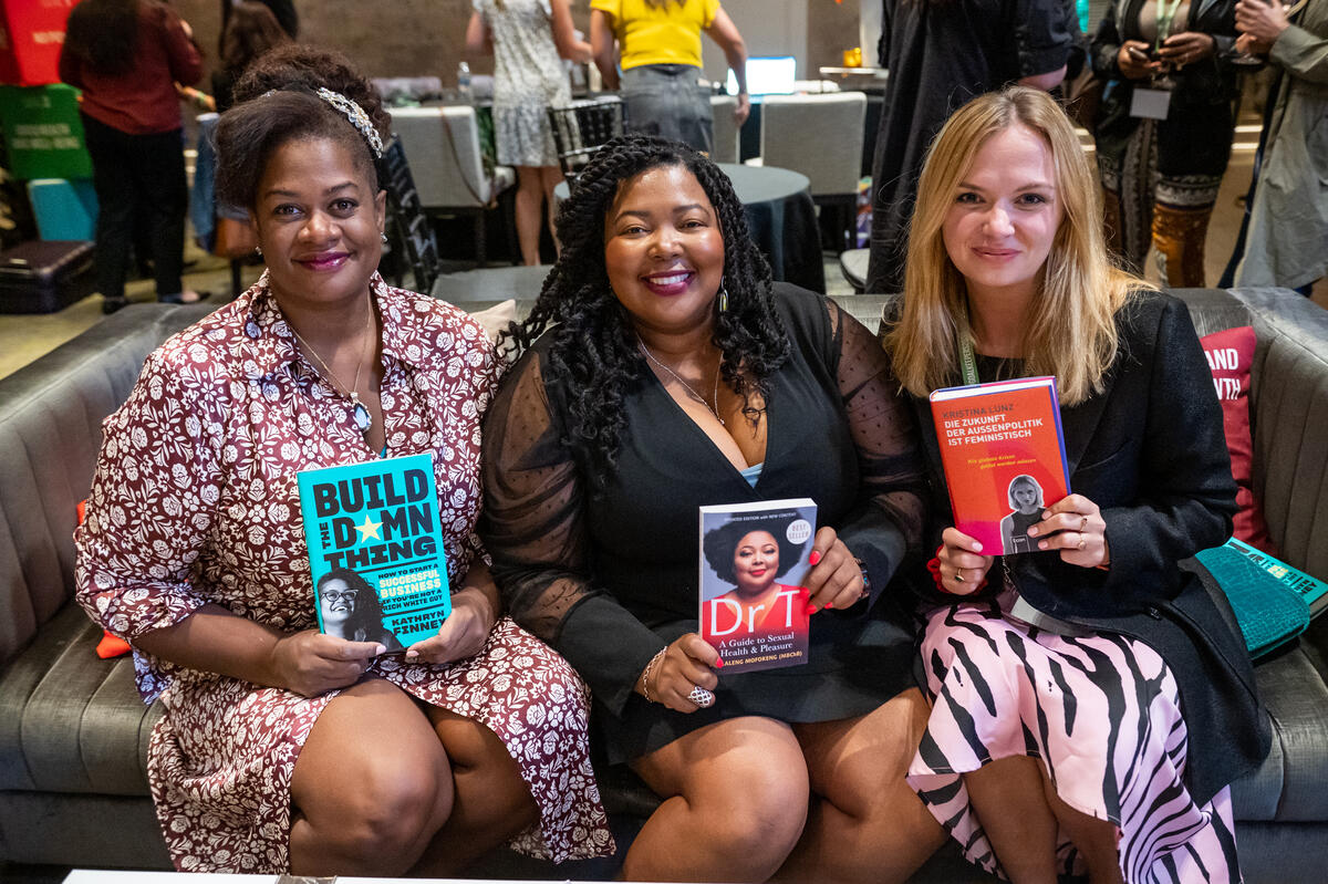 Kathryn Finney, Dr. Tlaleng Mofokeng and Kristina Lunz attend a reception at the Park Central Hotel as part of the Goalkeepers 2022. ©Gates Archive/Paula Lobo