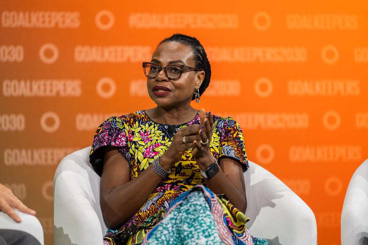 Bosede Afolabi speaks onstage at Goalkeepers 2023. ©Gates Archive/Mike Lawrence