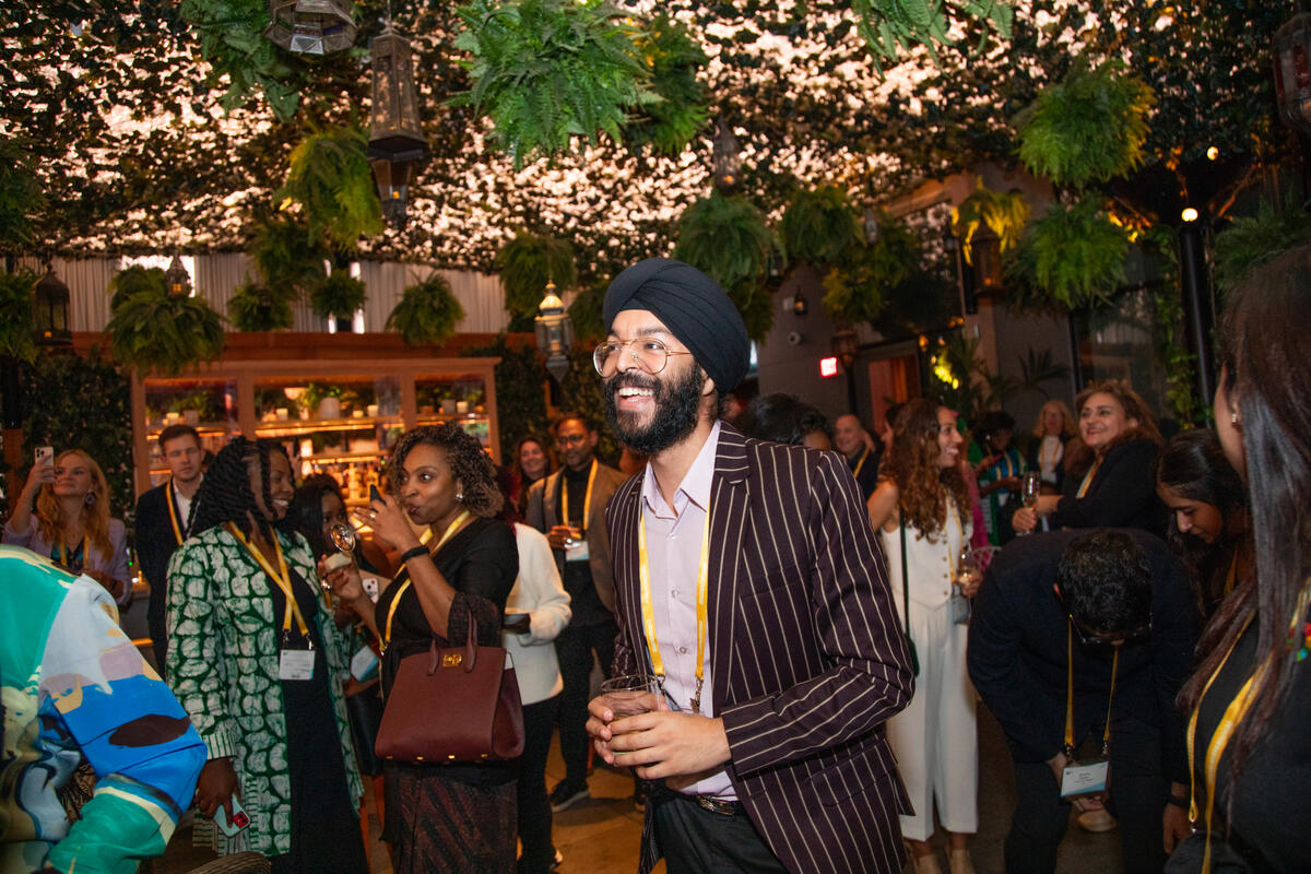 Dr. Sukhmeet Singh Sachal and attendees during a networking launch event for Goalkeepers 2023 at The Times Square EDITION Hotel in New York City. ©Gates Archive/Christopher Farber