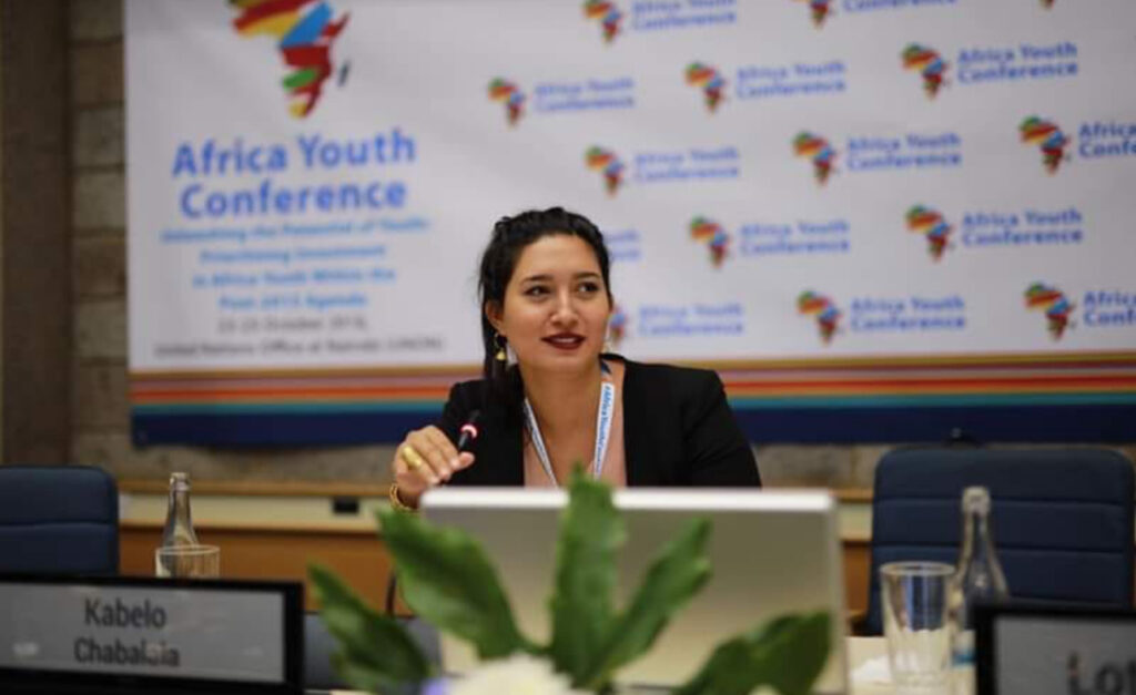 Racha Haffar presents her nonprofit work at the 2018 Africa Youth Conference in Nairobi, Kenya.